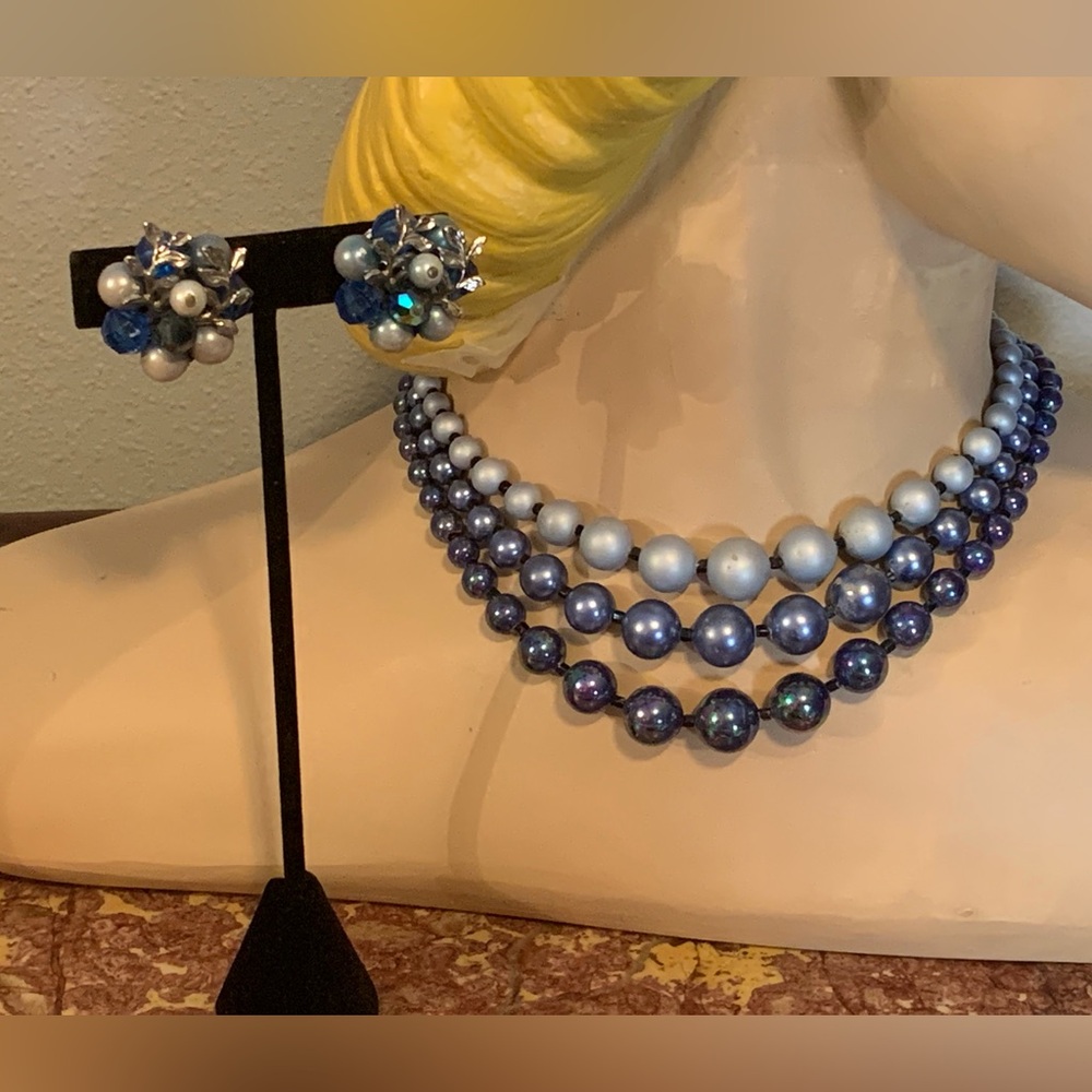 Vintage 50’s Blue, Silver Beaded, with Sparkly Rhinestones Necklace Set